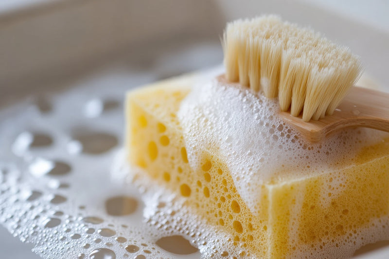 Cleaning tools in soapy water and sponge with brush